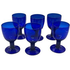set of 6 cobalt blue glass wine goblet 6.75" tall 4" diameter 3.75" base READ